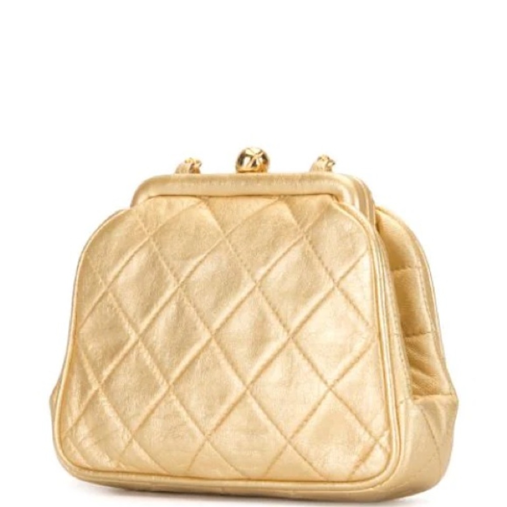RARE Chanel Vintage GOLD Quilted Crossbody Bag Kisslock clasp evening clutch